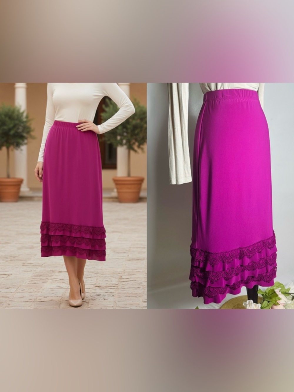 Unk Fuchsia Tiered Lace-Hem Midi Skirt